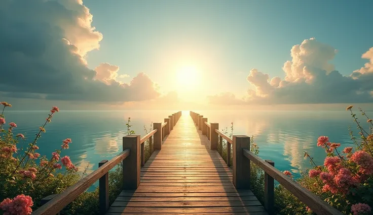 “AN ULTRA REALISTIC, CINEMATIC, 4K, HIGH RESOLUTION IMAGE, A long wooden bridge over calm waters, leading to a future illuminated by a radiant sky. On the sides of the bridge, flowers and vines grow in abundance.