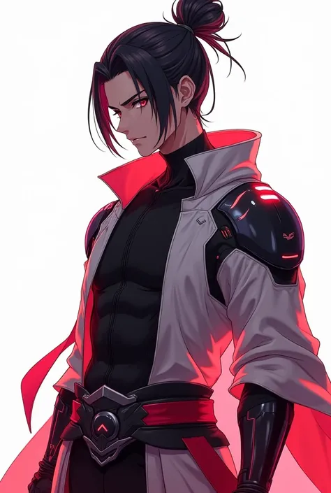 A striking anime-style character design of Daizen Akari, a 20-year-old warrior with a muscular athletic build. He has sharp, determined eyes and a tied man bun, giving him a modern samurai vibe. His outfit blends sleek futuristic cybernetic armor with subt...