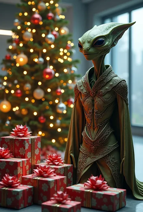 An alien man celebrates Christmas with gifts and a Christmas tree