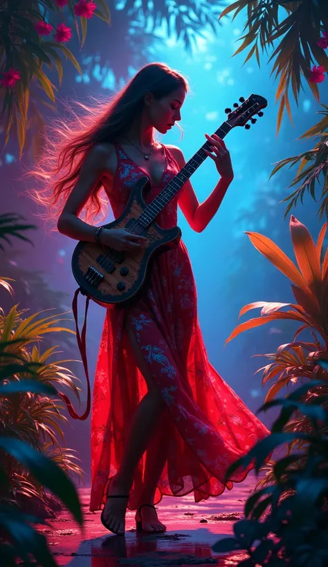 woman in beach style dress ,  long hair,  playing a salsa instrument, dark neon jungle background