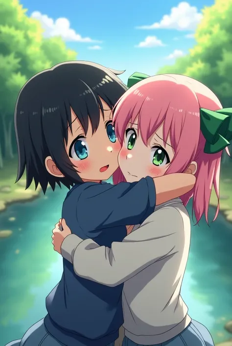 A beautiful short girl in her twenties with black hair and blue eyes is hugged by her sad friend in her twenties with pink hair tied with a green ribbon and green eyes. We were found near a deserted river in the spring in an anime style