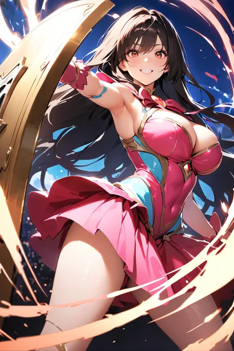 1 girl, (cute face), teenager, long straight hair, (playful expression), large breasts, curvy, (wearing a magical girl battle outfit:1.2), armor mixed with elegant fabric, (holding a shield),  
BREAK  
magical battlefield, swirling energy and light, (defen...