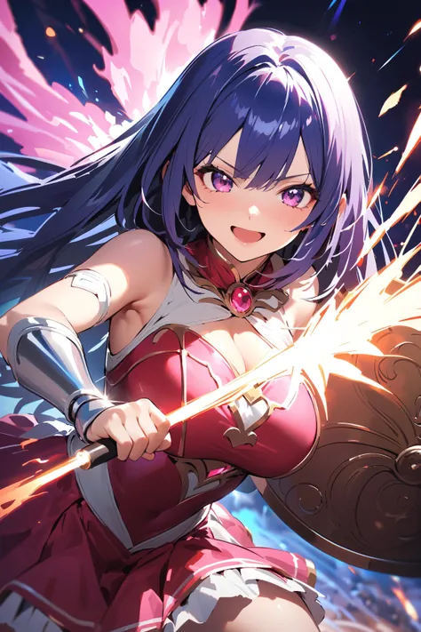 1 girl, (cute face), teenager, long straight hair, (playful expression), large breasts, curvy, (wearing a magical girl battle outfit:1.2), armor mixed with elegant fabric, (holding a shield),  
BREAK  
magical battlefield, swirling energy and light, (defen...