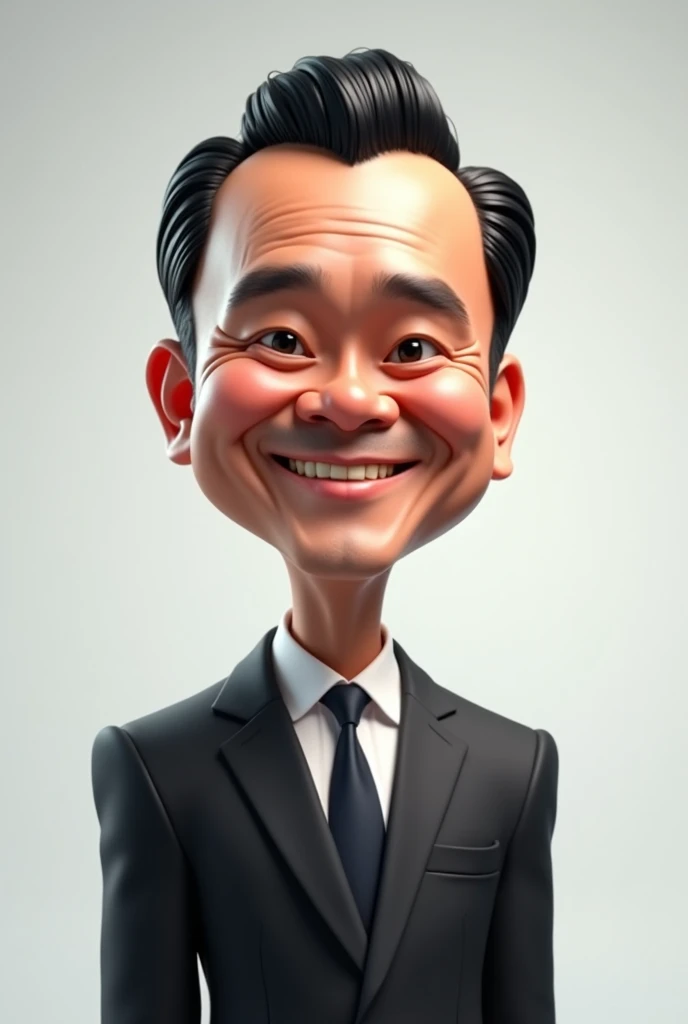 3d caricature character of Indonesian president male wearing formal clothes black suit and white shirt with tie,  black work pants , and black shoes  , Ash to white gradient background 