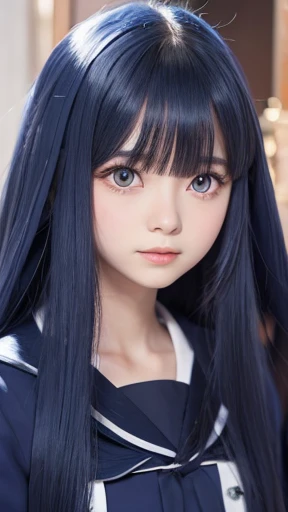 Anime illustration, long indigo hair, large eyes, small mouth, age 16, wearing navy blue wizard&#39;s uniform
