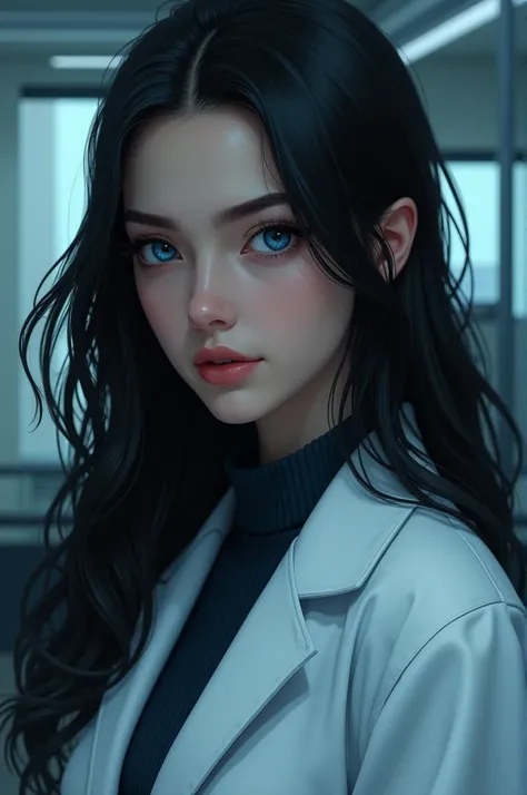 Doctor with long black hair and blue eyes