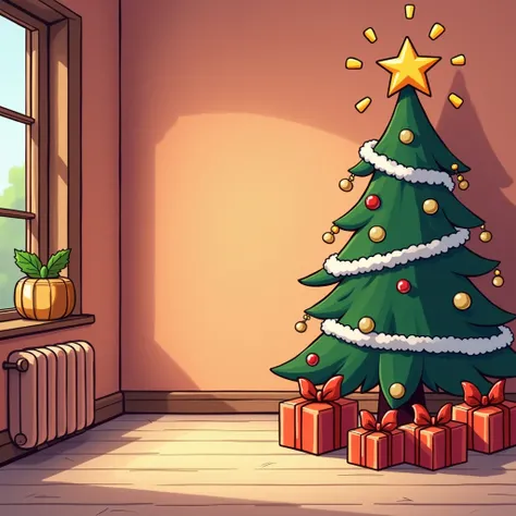 A clean, polished, minimalist cartoon-style background featuring bold black outlines and smooth shading, consistent with the vibrant and meme-worthy aesthetic. The scene is a room for christmas celebration, christmas tree, gifts on floor, bells. The overal...