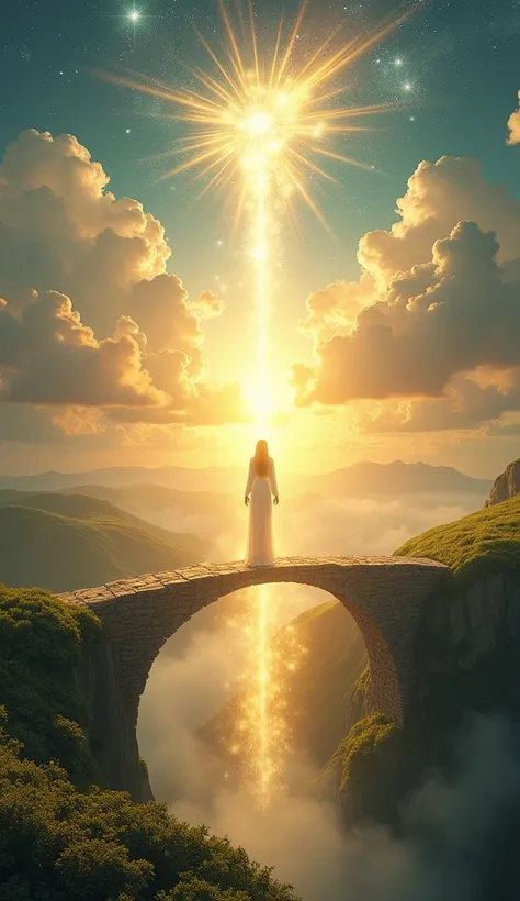 A hyper-realistic and symbolic scene representing the phrase I Am the bridge between Heaven and Earth: a luminous bridge made of golden and white light stretches across a serene landscape, connecting the heavens above to the earthly ground below. On the br...