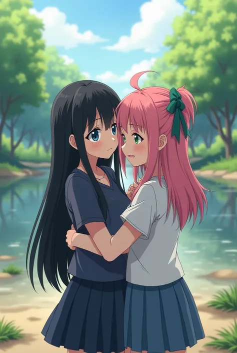 A short pretty girl in her twenties with long black hair and blue eyes is hugged by her sad friend in her twenties with pink hair tied with a green ribbon and green eyes and we are near a deserted river in the spring in anime style