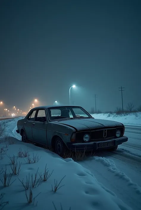 The wrecked car is parked on the highway, at night,in winter 