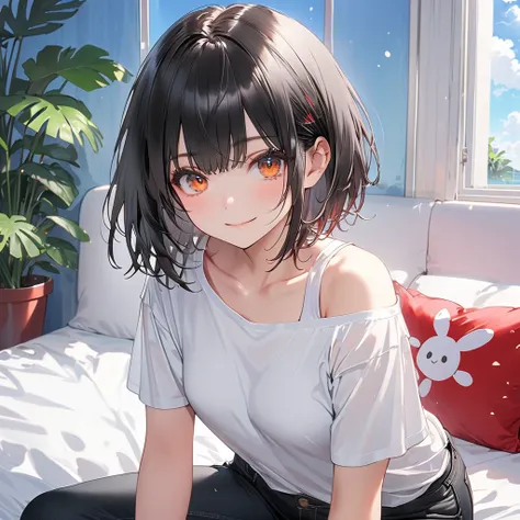 ( Perfect Anatomy), ((32K)), (( top quality )), ((超 high res)), (( high res)), ((超 high res)), ((Highly detailed CG)) , One Girl 、 orange eyes .smile, black hair,short hair,( small breasts:1.5),(Off Shoulder White T Shirt :1.5)、( black denim hot pants:1.5)...