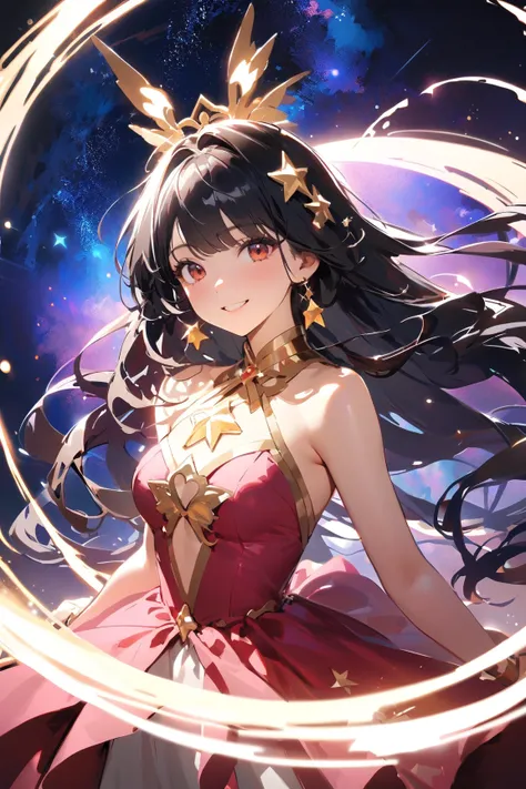 1 girl, (cute face), young adult, long flowing hair with sparkles, (serene smile), medium breasts, slender, (wearing a celestial magical girl outfit:1.2), flowing gown with star motifs,  
BREAK  
starlit sky, cosmic backdrop, (channeling celestial magic:1....