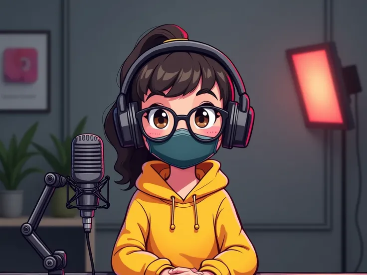 Create a vibrant cartoon-style illustration of a young girl wearing a bright yellow hoodie, black glasses perched on her nose, and a face mask covering her mouth, sitting confidently in front of a microphone in a YouTube studio setup. The background should...