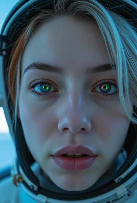 ( close up of a better masterpiece: 1.5) 0.9], (Space and astronauts: 1.2) (Disheveled silver hair: 1.1) ( Heterochromia xanthochromia and blue eyes: 1.2) (space helmet: 1.0) ( Colored stars in the eyes: 1.0) (A radiant glow: 1.1) ( thick lips: 0.9)