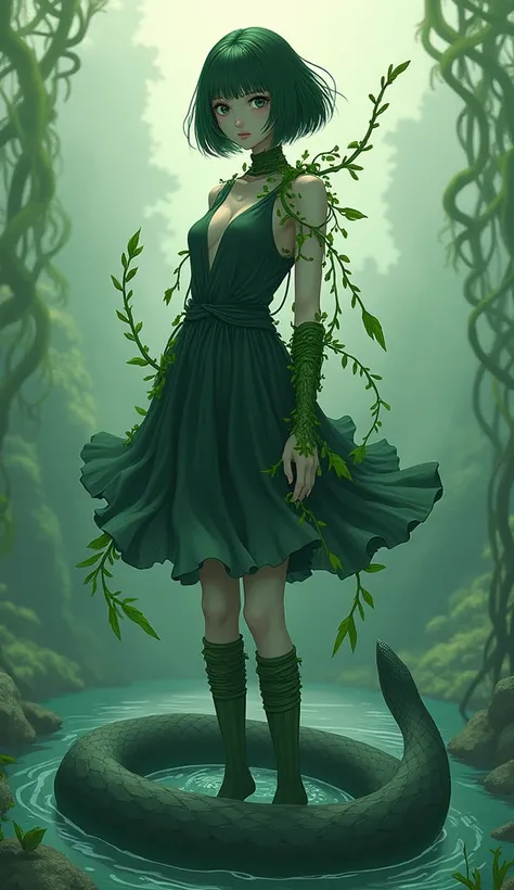 Seaweed Girl 、 Japanese、21 years old、woman、 has dark green hair and bob cut 、 has bangs hanging up to the front of her face 、Wear a dark green dress、 has kelp and wakame wrapped around her body、 has kombu wrapped around her upper arm 、 kelp wrapped around ...