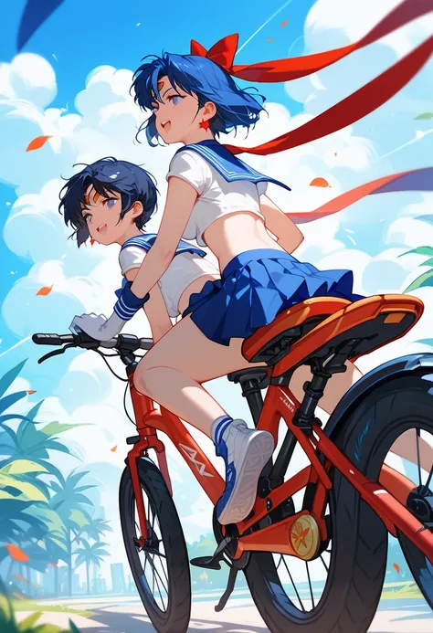 two characters riding bicycles,
On the left: Sailor Moon,
On the right: Phantasy Star Online 2, Matoi,