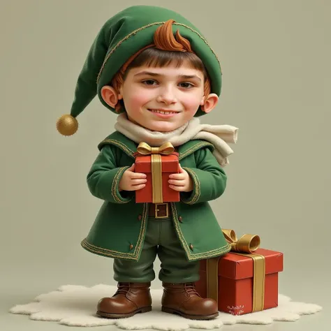 Plan large : 1 lutin de Noël vue face, habillé  dun habit vert de lutin de Noël, il a un visage heureux. il porte un cadeaux de Noël, en souriant. Style leyendeckeret, dans une tenue de lutin Noël dépoque vintage , vêtements victoriens, bel art rétro – sty...