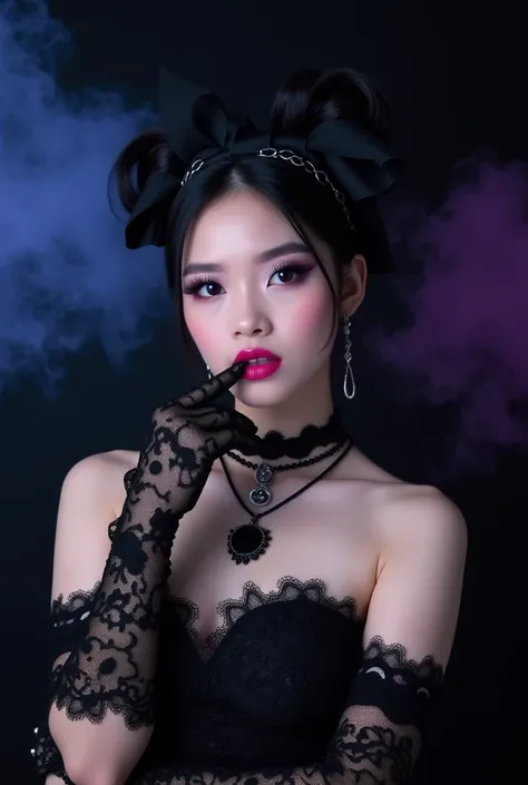  photography An Indonesian-Asian girl with black eyebrows ,  soft eyeliner and stunning gothic-style makeup in platinum dressing and black ponytail,  decorated with a black ribbon headband ,  wears elegant black lace gloves layered necklace and necklace , ...