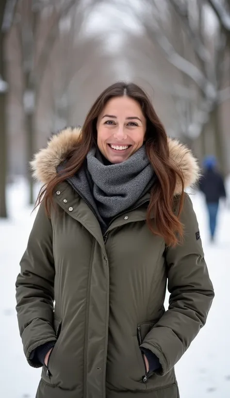 A cheerful 36-year-old woman wearing a modest jacket, standing in a snowy winter park.