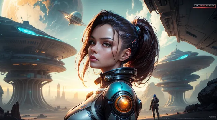 a woman in a futuristic suit standing in front of a planet, cyberpunk art inspired by Marek Okon, cgsociety contest winner, fantasy art, wojtek fus, beautiful sci fi art, portrait anime space cadet girl, scifi woman, cyborg goddess in cosmos, epic sci - fi...