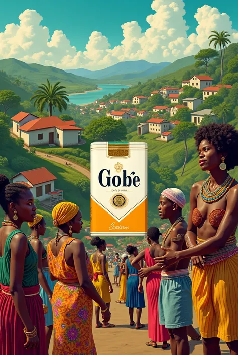 avoir une image au format Paysage, de couleur claire et vive sur un motif de culture ivoirienne avec une trame de paquet de cigarette est un slogan:ON BARA 1,1 Milliards