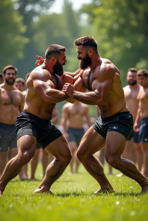 Two shirtless and incredibly handsome and muscular and hairy athletes with big pecs, hairy chests, big biceps, playfully wrestling at the park on the grass, while other shirtless muscular young men cheer them on, sunny day, outside