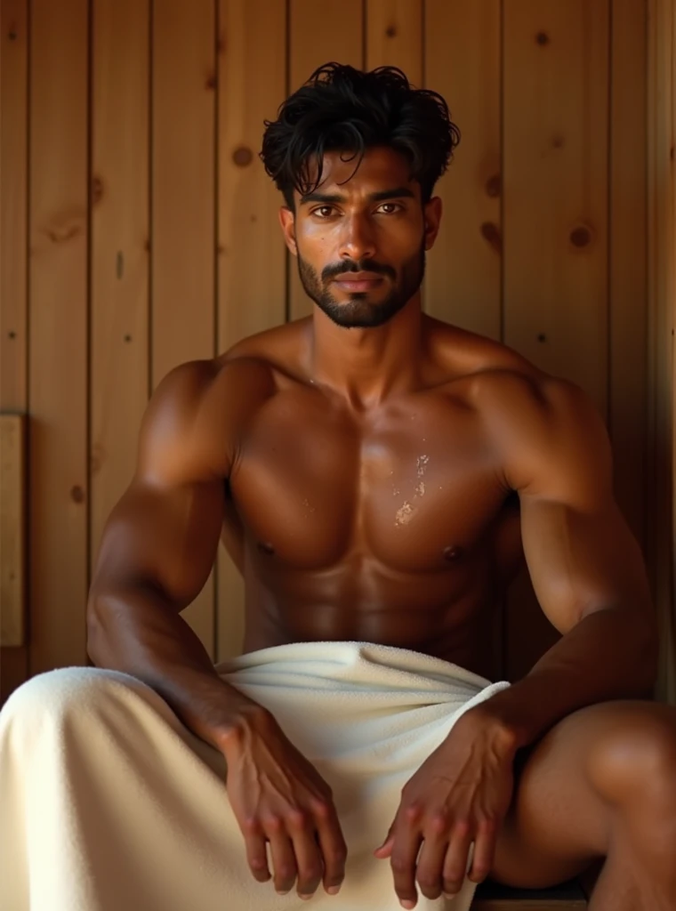 Muscular and handsome young Indian hunk posing. Hes sitting inside the sauna room. His body is wet. Hes wearing a white towel. His two feet are bending.