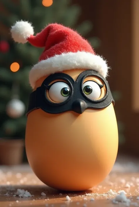 An egg with a black mask and a Christmas hat 