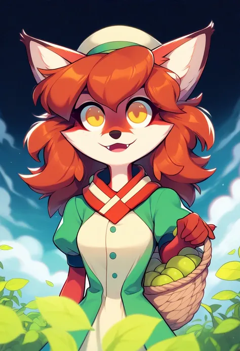 A humanoid fox girl with vibrant red fur and bright golden eyes, radiating a playful and mischievous expression. Her long, fluffy tail sways gently in the breeze, and her fox ears perk up with curiosity. Her auburn hair cascades in soft waves down her back...