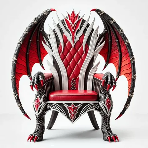 single magical  Crown chair made of red and white mthyrill,Its backrest has a red and black dragon wing,with hand rests on both sides with a dragon hand design,The chair design is realistic and detailed.the chair faces front