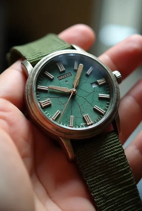 "Generate an image of a rugged wristwatch with a cracked glass face, featuring a green fabric strap and a metallic bezel. The watch is held in a persons hand, with natural skin tones visible, and is set against a neutral indoor background. The lighting is ...