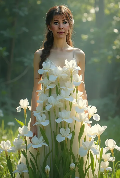 a woman is standing and her dress is made of white iris flowers