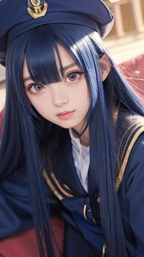 Anime illustration, long indigo hair, large eyes, small mouth, age 16, wearing navy blue wizard&#39;s uniform
