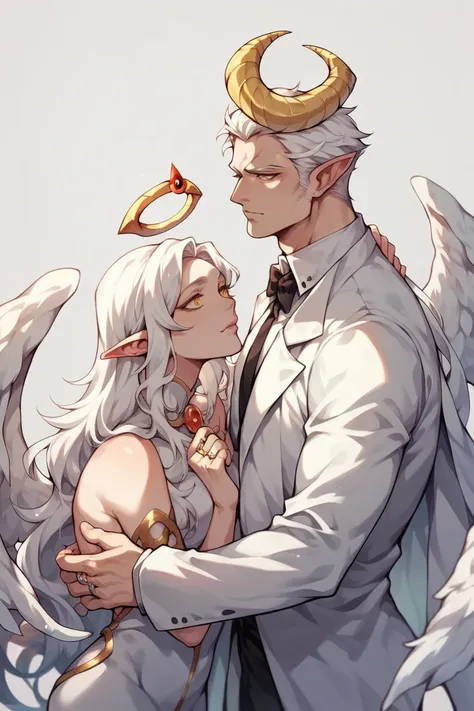  white hair, Long hair, White suit, angel, ring,  simple background, Ukiyo-e paintings,  Impressive cult,  men, Sweet face, wings next to the ear , Elf ears, Yellow Horn ,  yellow eyes,