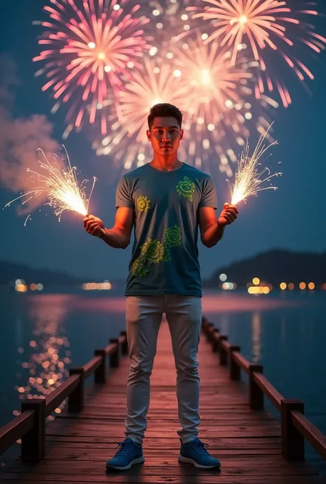 a handsome 25 year old Asian man is posing on a beautiful lake pier at night. muscular body. The man was wearing a long blue t-shirt with green patterns, white jeans and blue sneakers. His hands are seen carrying burning fireworks. is celebrating new year....