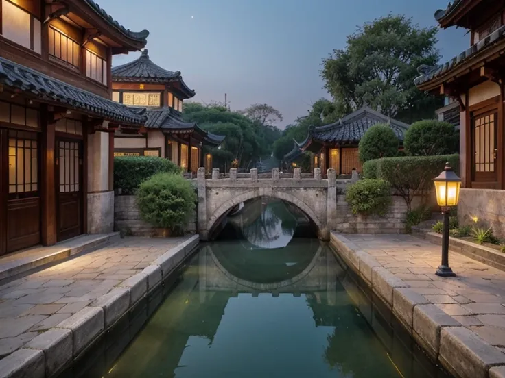 Suzhou City has the Clean and Clear Water Canal (Blue), beautiful ancient streets, clear water from spiritual springs, unique stone "crossing" bridges, traditional restaurants along the Clean and Clear Water Canal (Blue), stone paved streets , a house with...