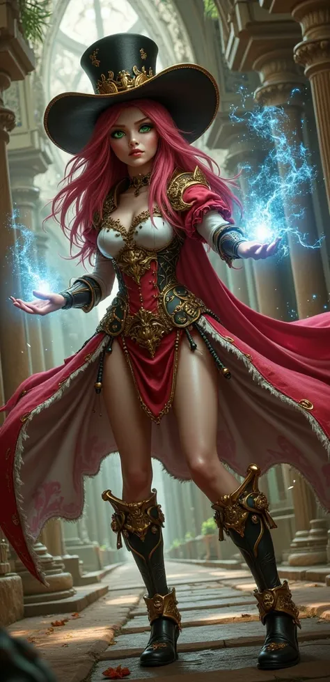 Imagine a beautiful woman with long straight neon pink hair with white skin with neon green eyes with a sculptural body wearing light red and white steampunk armor with ornaments wearing a Victorian top hat with brass bronze glasses on her head energizing ...