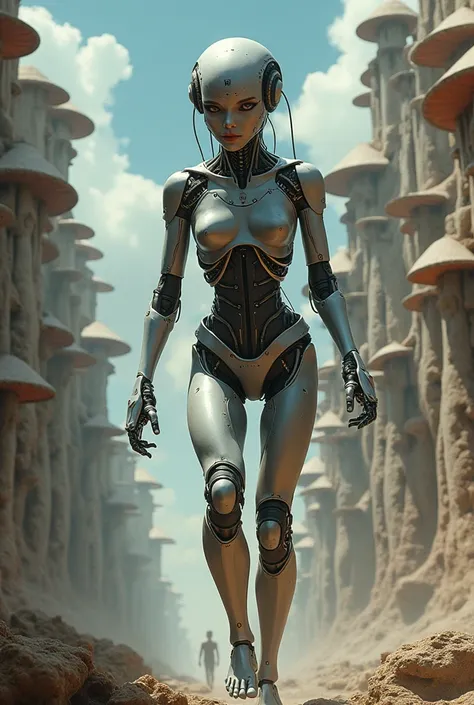 A half-human, half-robot is walking in a city where buildings look strange.