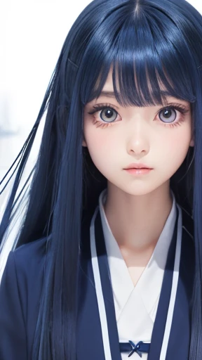 Anime illustration, long indigo hair, large eyes, small mouth, age 16, wearing navy blue wizard&#39;s uniform
