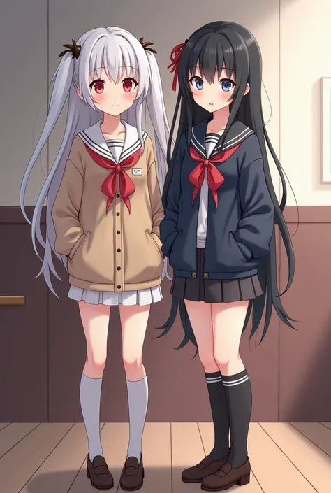 Two adult girls are the same and dressed in anime-style clothes of opposite colors:  The first girl from the left , height 175 cm, age 18 years,  breast size second , eye color red ,  color white hair , very beautiful.  The second girl strava , height 175 ...