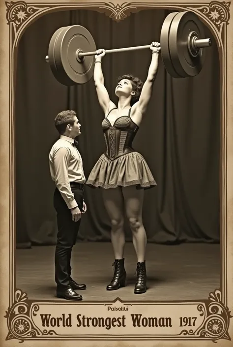 old picture, ornaments bordering, font "World Strongest Woman" at the bottom. film grain, vignetting. Poster of victorian circus, freak show, sepia. 1girl, beautiful, very muscular and tall woman looking down at a smaller 50 year old adult man. in the midd...