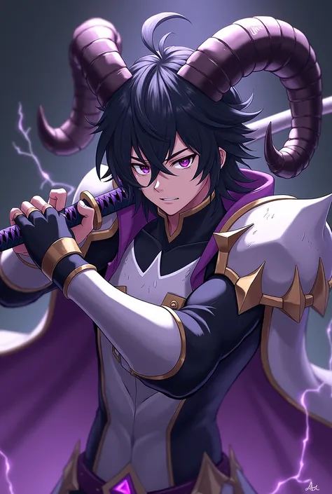 Of course, Heres a description : " 30-year-old male character ,  anime-style similar to Genshin Impact .  long hair,  dark and slightly messy .  Dark eyes with an intense look .  Wear light armor with metallic details ,  purple and black touches .  It has ...