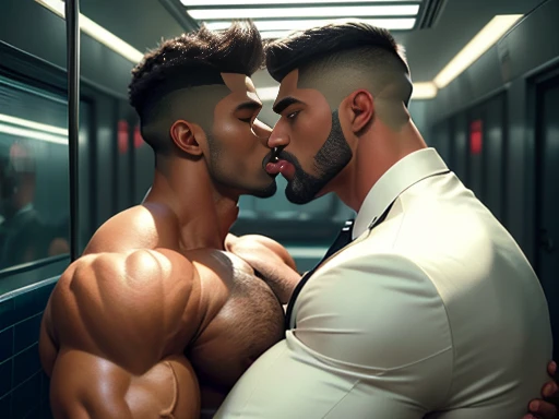 Detailed Seductive kissing A spiky hairstyle 40 years old dark chocolate skin color tall handsome indian huge wide muscular dream daddy man doing smooching kissing with white muscular hunk formal suit, in metro wind blowing perfect metro inside view, maste...