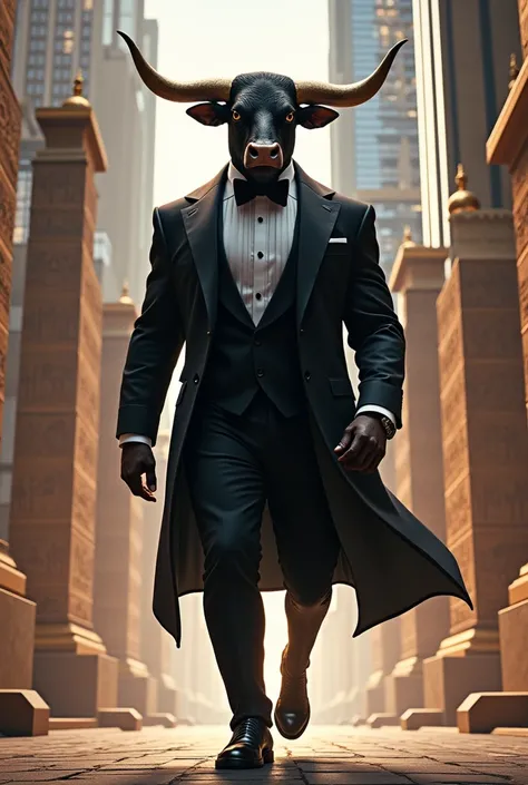 A regal bull, dressed in tailored black tuxedo, walking confidently on two legs through a city combining ancient Egyptian architecture with neon-lit skyscrapers."