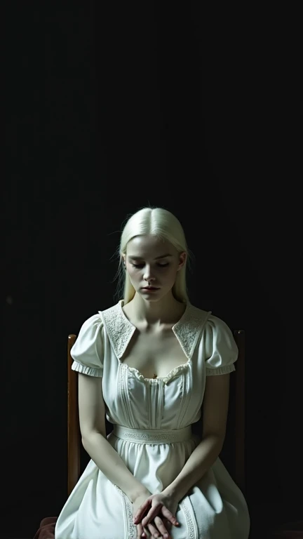 " A dark and mysterious scene in a completely dark environment ,  with just a faint light highlighting a young woman Sitting on a simple wooden chair.  She wears a white vintage dress with delicate embroidery and lace on her collar and cuffs .  His skin is...