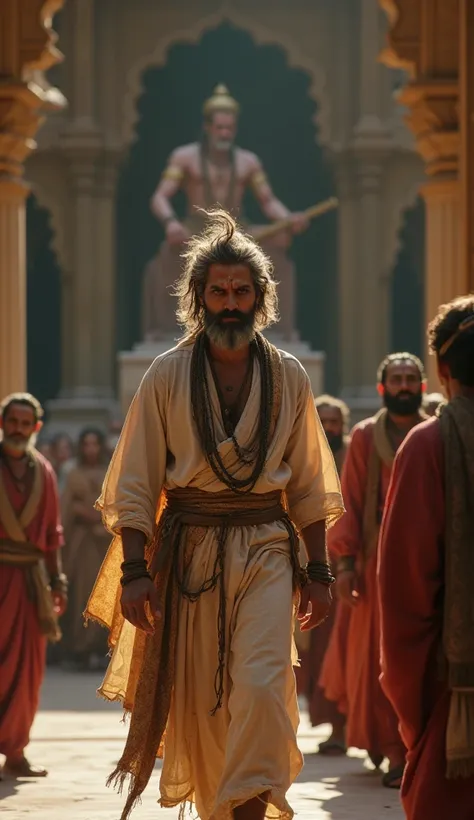 A Very Clear 4K Ultra HD Dynamic Image Of "The merchant, pale and visibly exhausted, with messy hair and torn clothes, entering the grand palace. King Vikram Aditya, seated on his throne, watches him with a calm yet insightful expression, while the courtie...