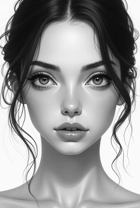 Create symmetrical face art girl realism portrait Black and white color 