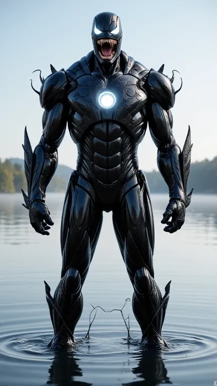 Fusion of ironman and venom in the lake with black fusion suit of ironman and venom