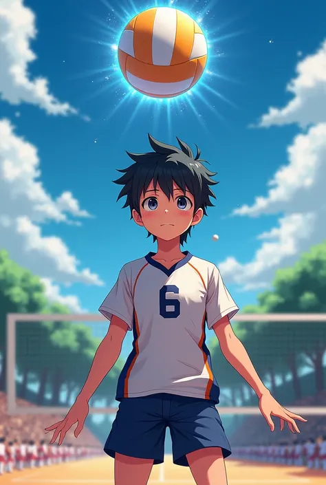 Create me a volleyball player who just serves out of thin air and he wears number six he is a boy he has short black hair 