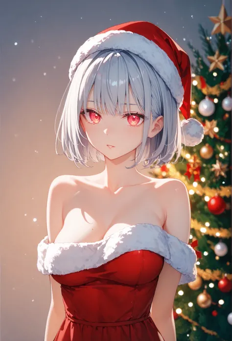 intricate details, delicate features,1girl, Alone,silver hair, red glowing eyes, bob cut sharp facial features,,porcelain skin,breasts,1girl, solo,santa dress,bare shoulder,santa hat, christmas,  christmas tree,